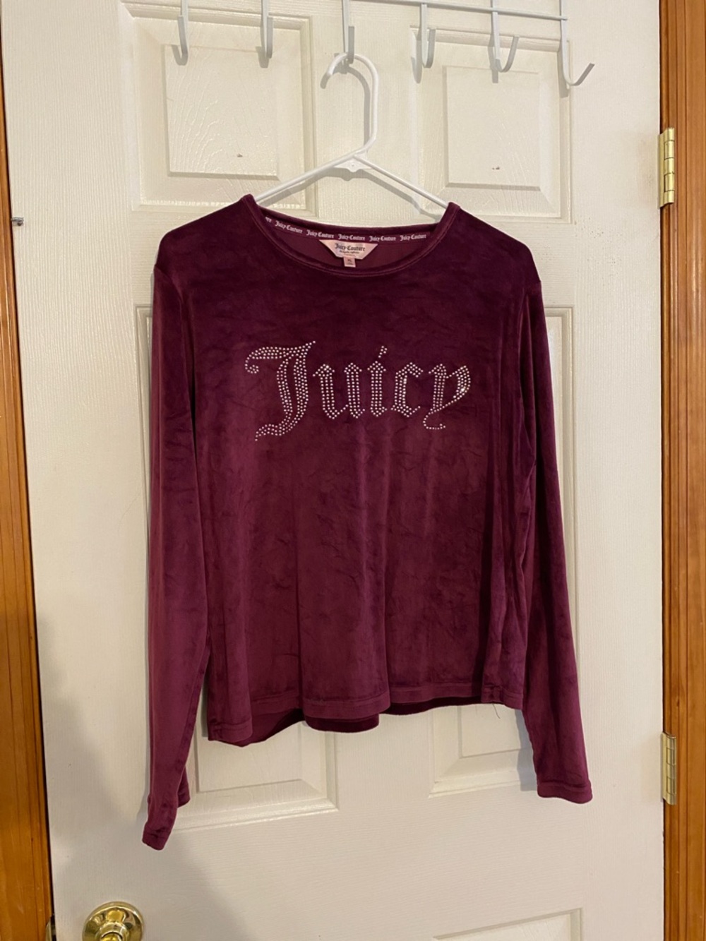 Juicy Couture Rhinestone Logo Velour Long-Sleeve Top in Plum